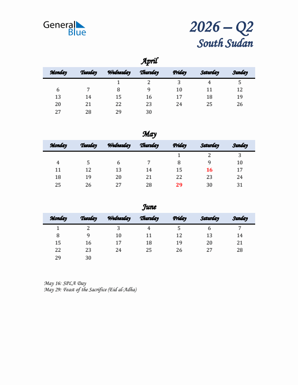 April, May, and June Calendar for South Sudan with Monday Start