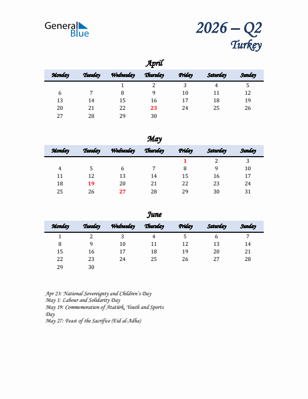 April, May, and June Calendar for Turkey with Monday Start