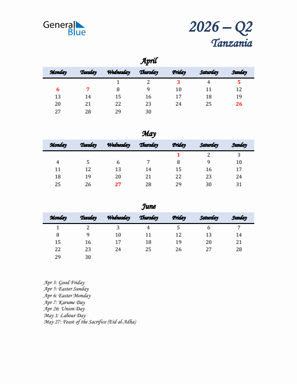 April, May, and June Calendar for Tanzania with Monday Start