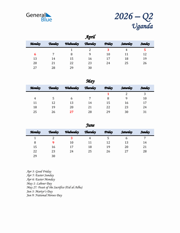 April, May, and June Calendar for Uganda with Monday Start