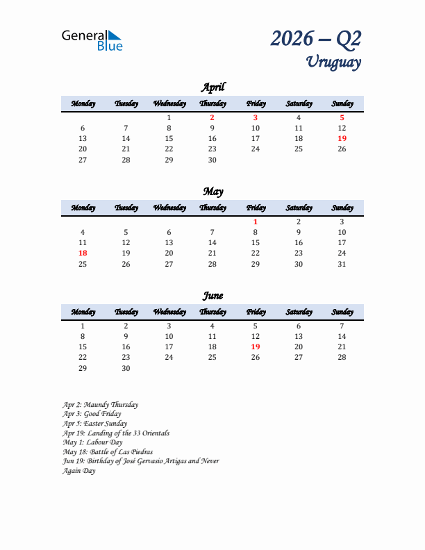 April, May, and June Calendar for Uruguay with Monday Start