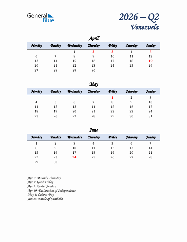 April, May, and June Calendar for Venezuela with Monday Start