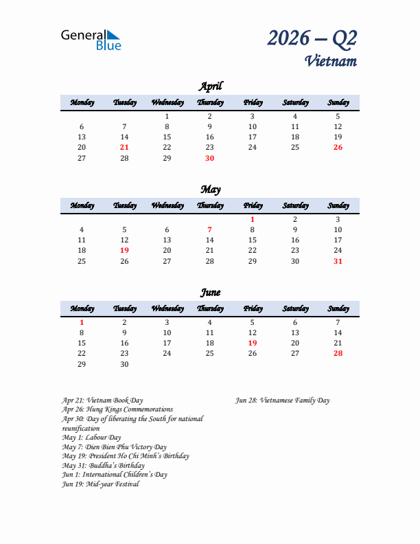 April, May, and June Calendar for Vietnam with Monday Start