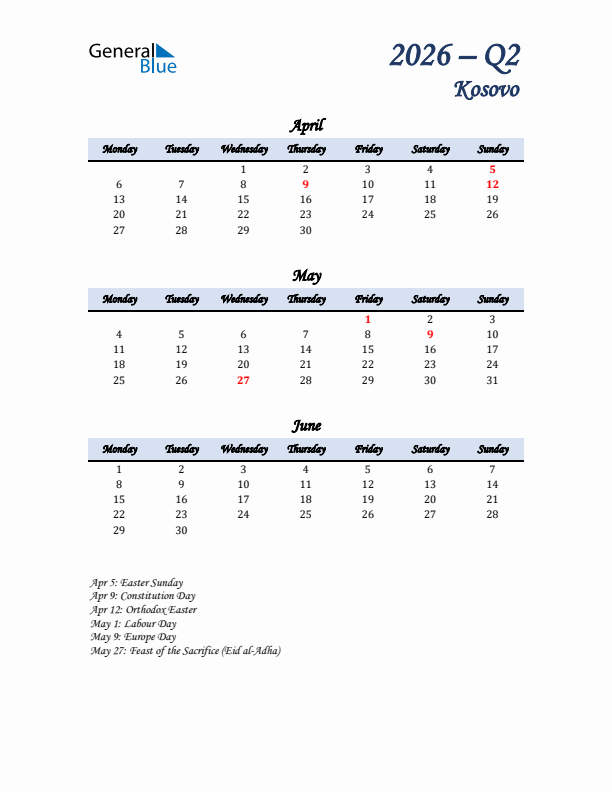 April, May, and June Calendar for Kosovo with Monday Start