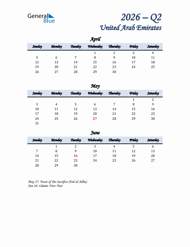 April, May, and June Calendar for United Arab Emirates with Sunday Start