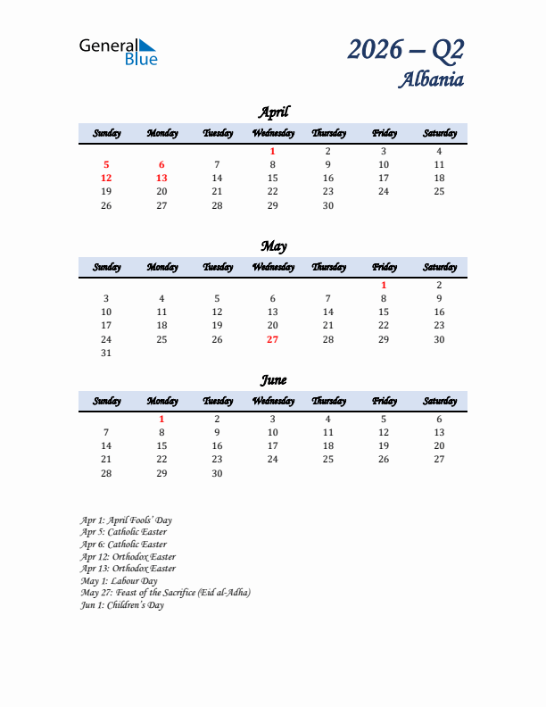 April, May, and June Calendar for Albania with Sunday Start