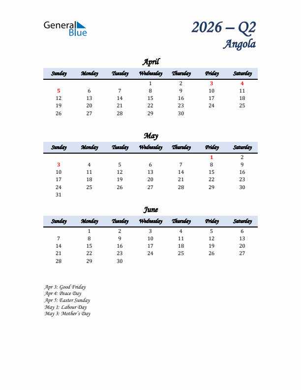 April, May, and June Calendar for Angola with Sunday Start