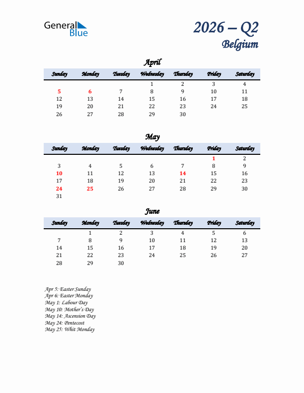 April, May, and June Calendar for Belgium with Sunday Start