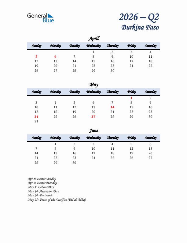 April, May, and June Calendar for Burkina Faso with Sunday Start