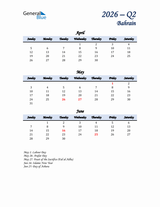 April, May, and June Calendar for Bahrain with Sunday Start