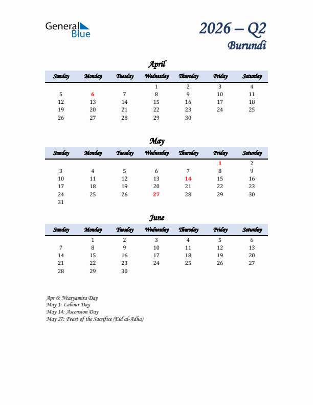 April, May, and June Calendar for Burundi with Sunday Start