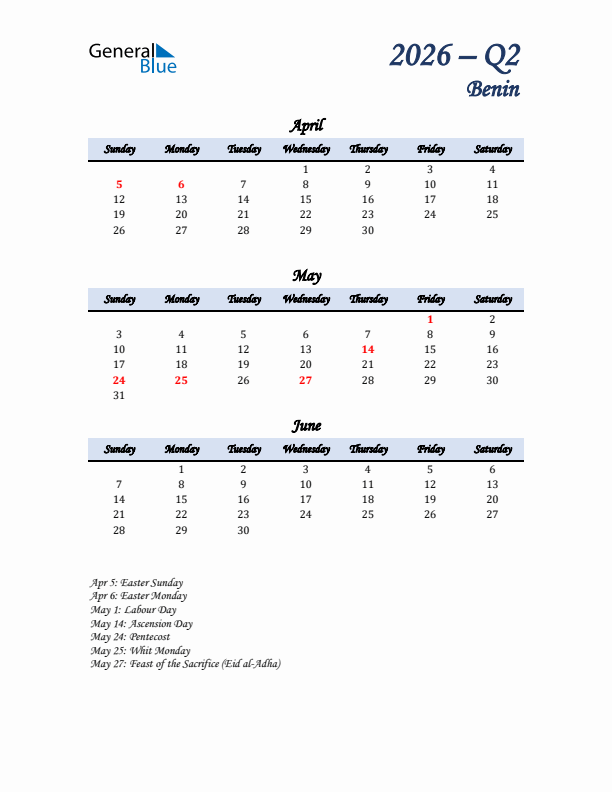 April, May, and June Calendar for Benin with Sunday Start