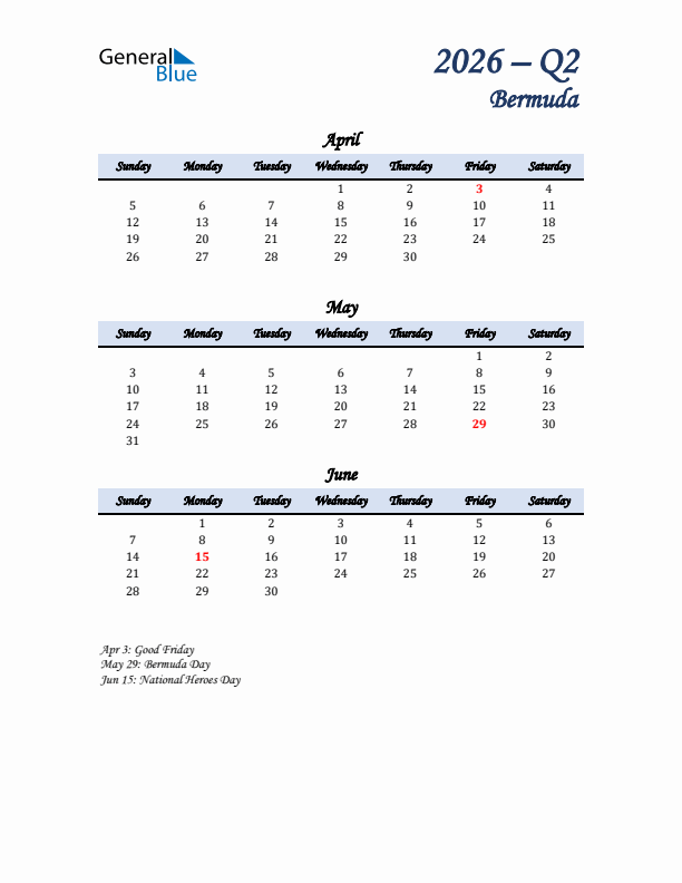 April, May, and June Calendar for Bermuda with Sunday Start