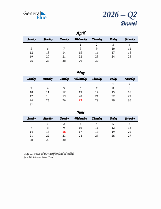 April, May, and June Calendar for Brunei with Sunday Start