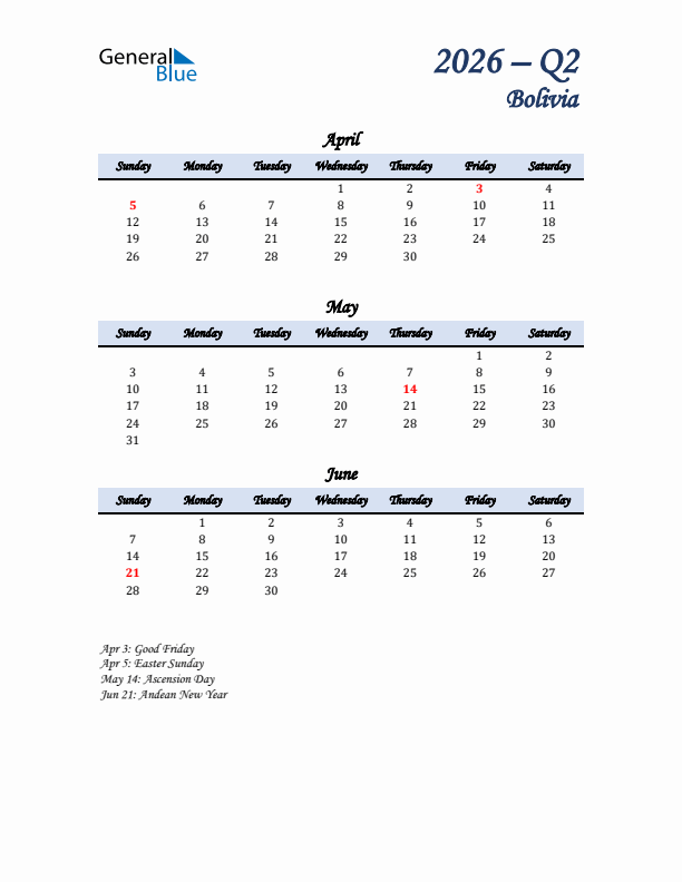 April, May, and June Calendar for Bolivia with Sunday Start