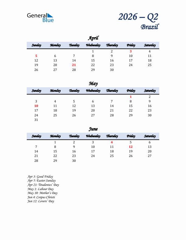 April, May, and June Calendar for Brazil with Sunday Start