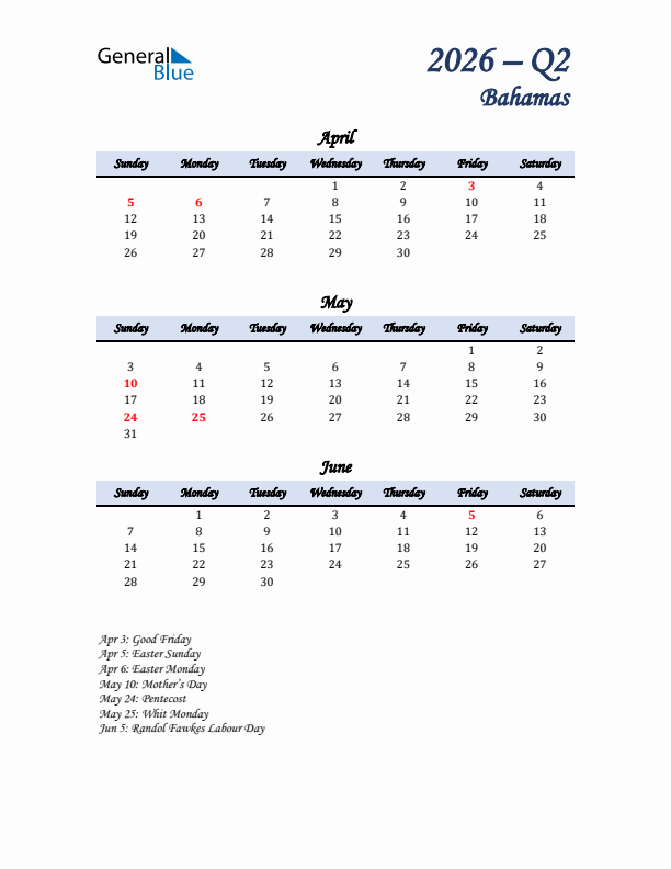 April, May, and June Calendar for Bahamas with Sunday Start