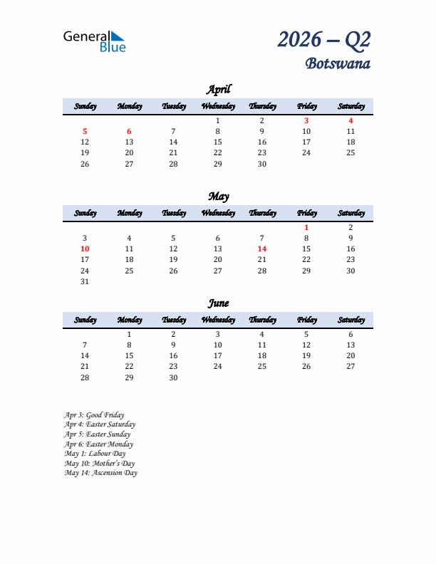 April, May, and June Calendar for Botswana with Sunday Start