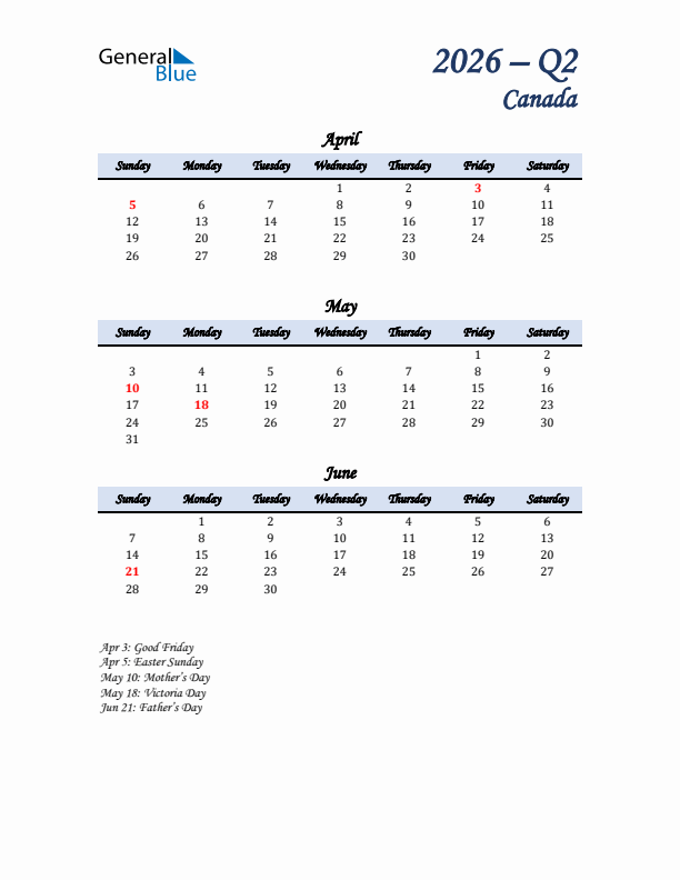 April, May, and June Calendar for Canada with Sunday Start