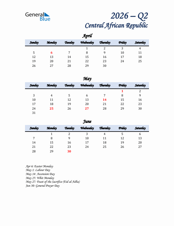 April, May, and June Calendar for Central African Republic with Sunday Start