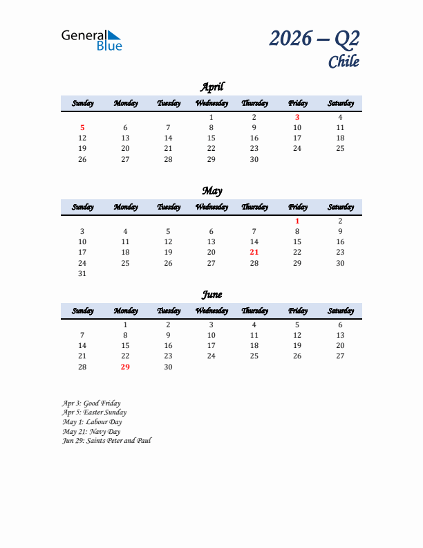 April, May, and June Calendar for Chile with Sunday Start