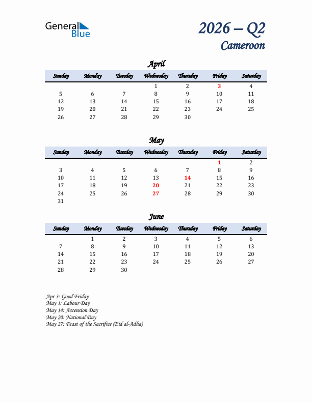 April, May, and June Calendar for Cameroon with Sunday Start