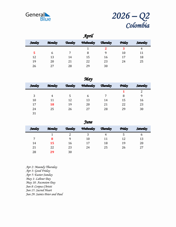 April, May, and June Calendar for Colombia with Sunday Start