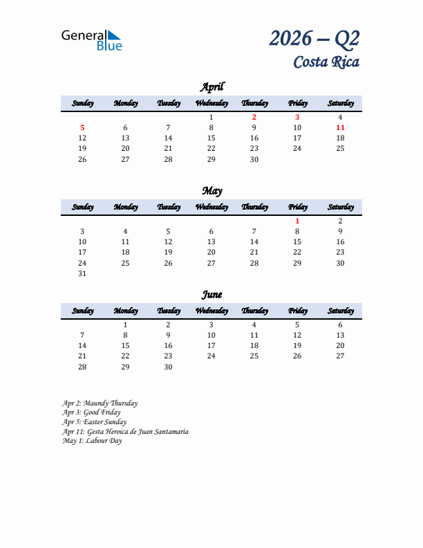 April, May, and June Calendar for Costa Rica with Sunday Start