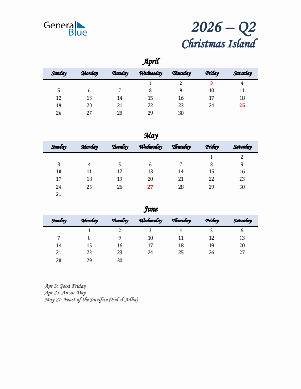 April, May, and June Calendar for Christmas Island with Sunday Start