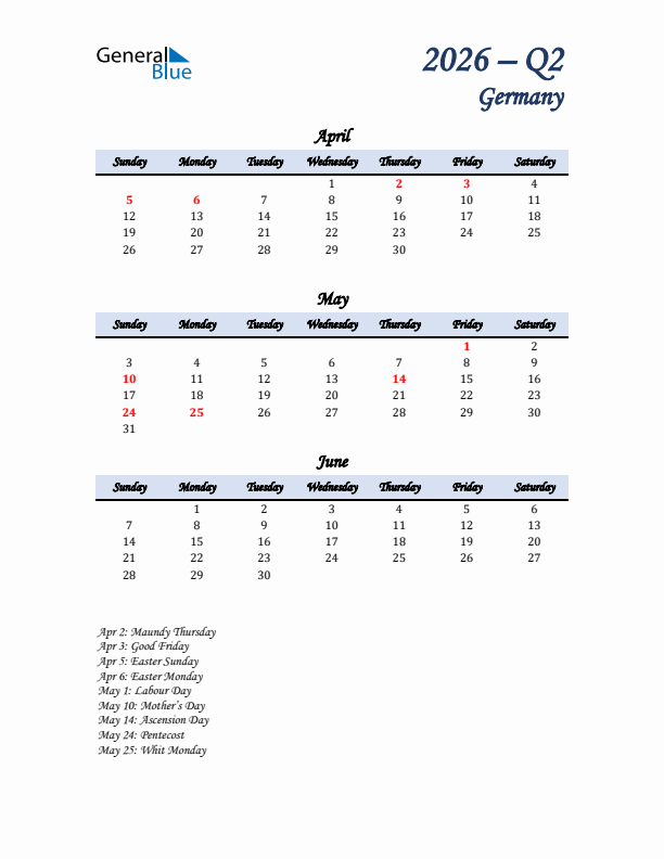 April, May, and June Calendar for Germany with Sunday Start