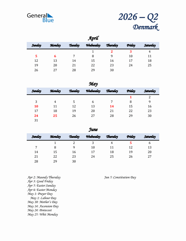 April, May, and June Calendar for Denmark with Sunday Start