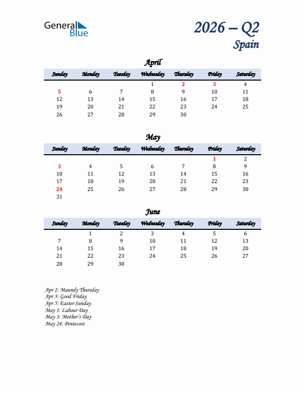 April, May, and June Calendar for Spain with Sunday Start