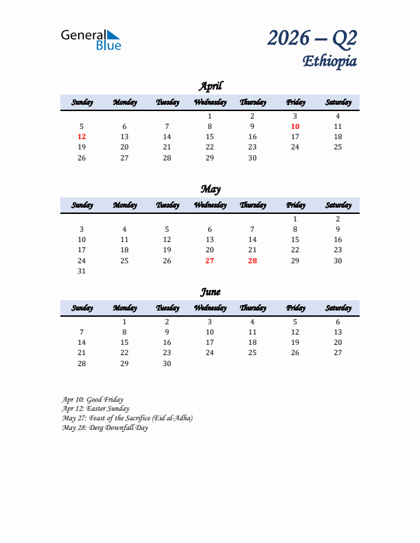 April, May, and June Calendar for Ethiopia with Sunday Start