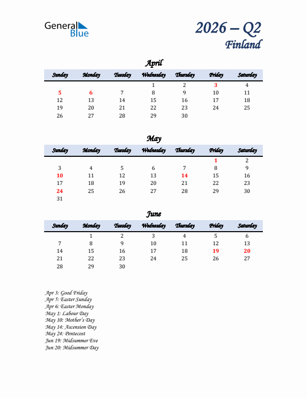 April, May, and June Calendar for Finland with Sunday Start