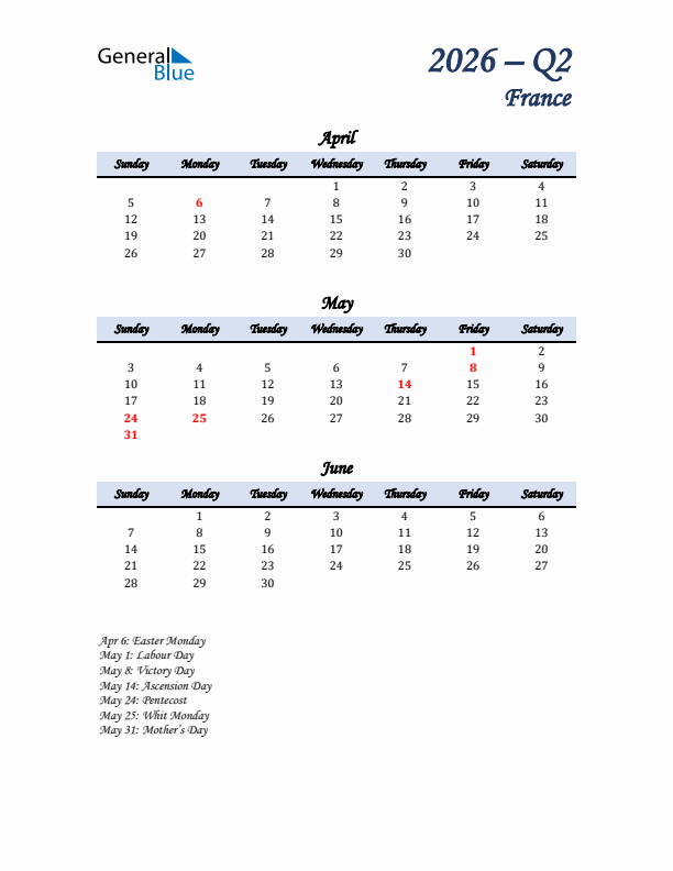 April, May, and June Calendar for France with Sunday Start