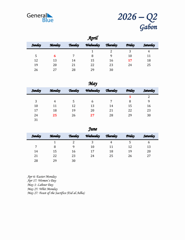 April, May, and June Calendar for Gabon with Sunday Start