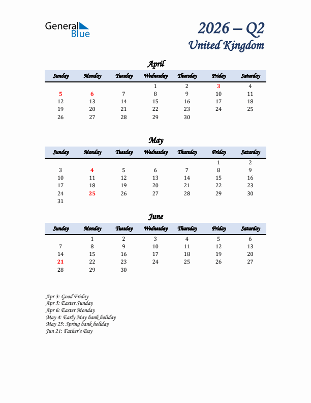 April, May, and June Calendar for United Kingdom with Sunday Start