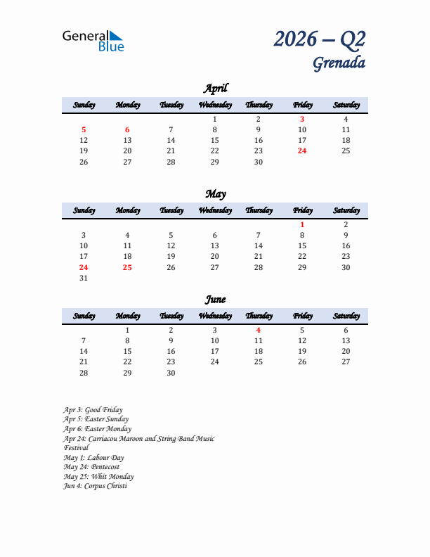 April, May, and June Calendar for Grenada with Sunday Start