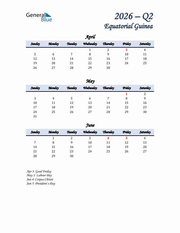 April, May, and June Calendar for Equatorial Guinea with Sunday Start