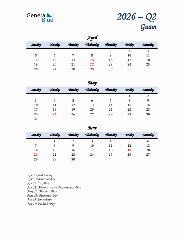 April, May, and June Calendar for Guam with Sunday Start