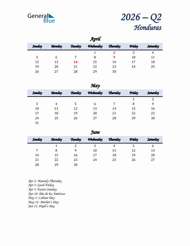 April, May, and June Calendar for Honduras with Sunday Start