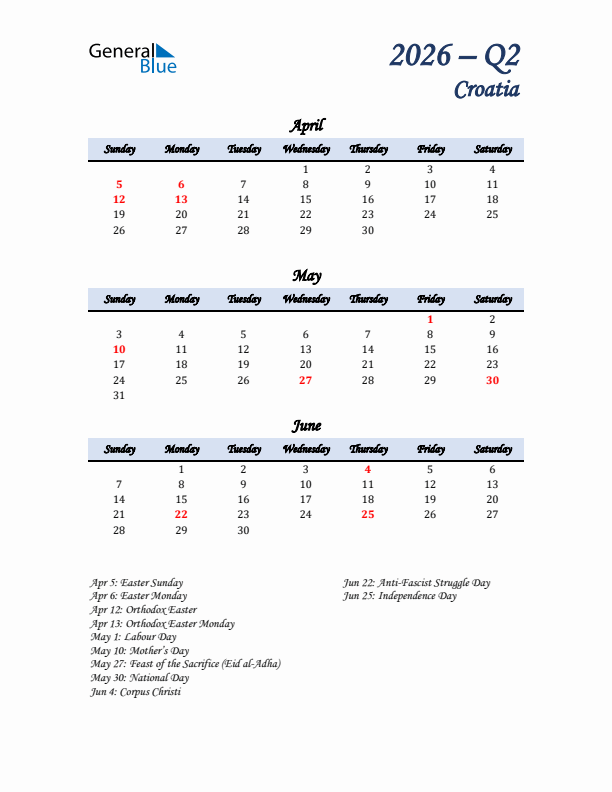 April, May, and June Calendar for Croatia with Sunday Start