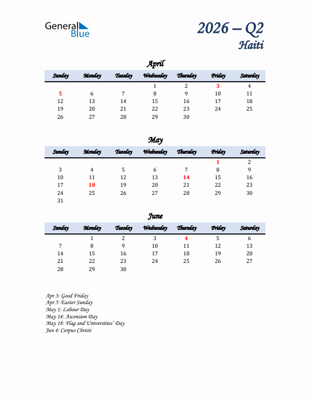 April, May, and June Calendar for Haiti with Sunday Start