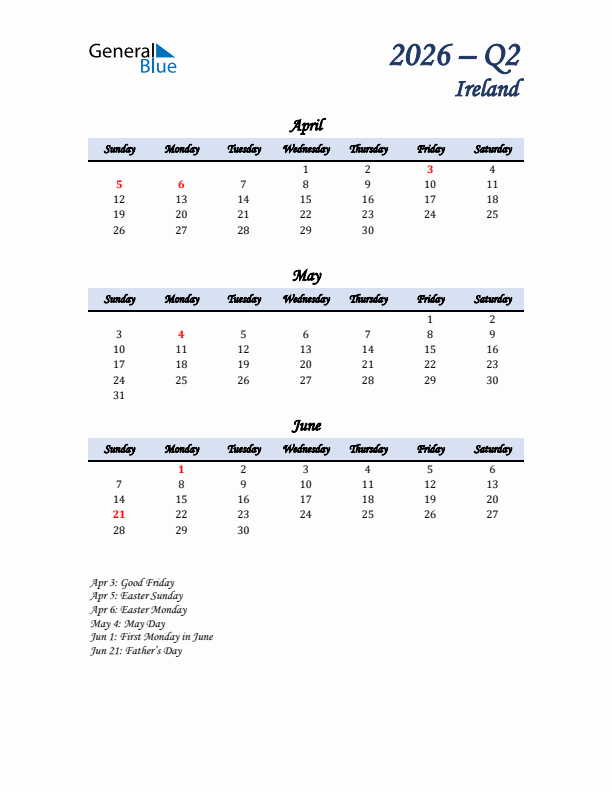 April, May, and June Calendar for Ireland with Sunday Start