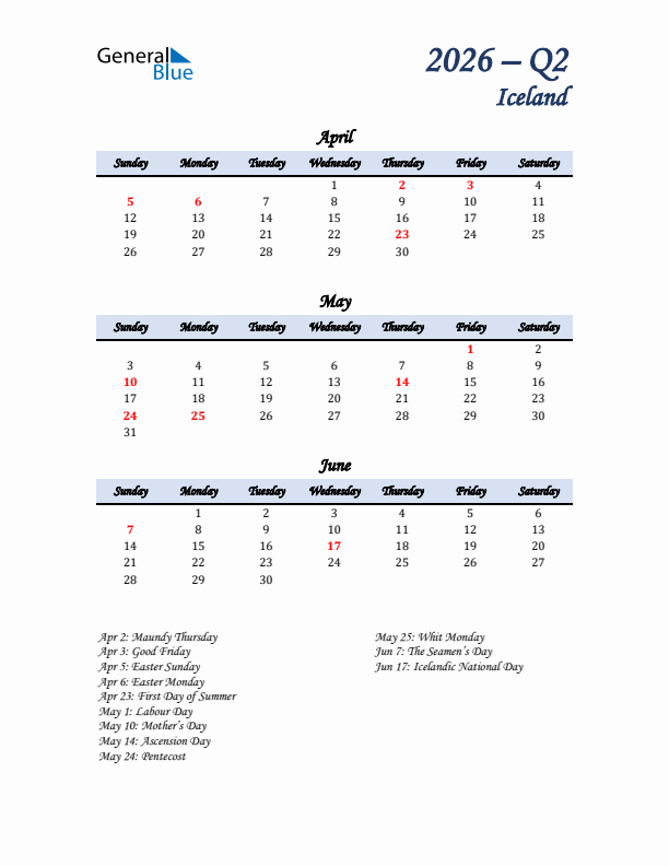 April, May, and June Calendar for Iceland with Sunday Start