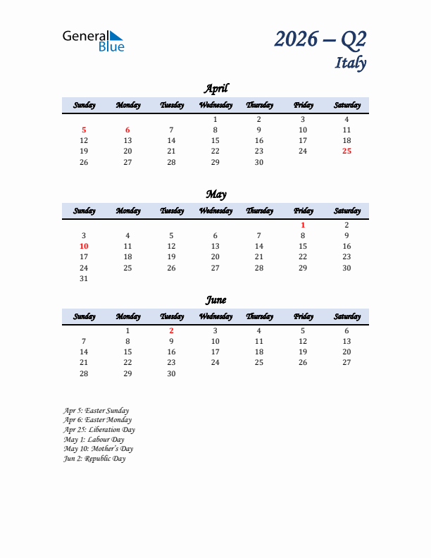 April, May, and June Calendar for Italy with Sunday Start