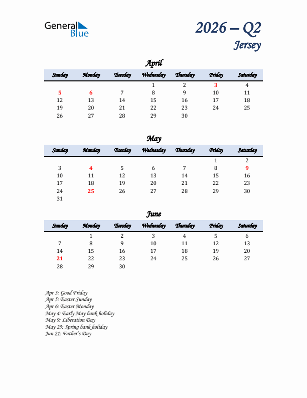 April, May, and June Calendar for Jersey with Sunday Start