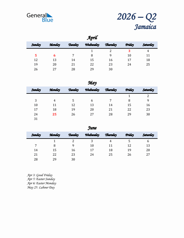 April, May, and June Calendar for Jamaica with Sunday Start