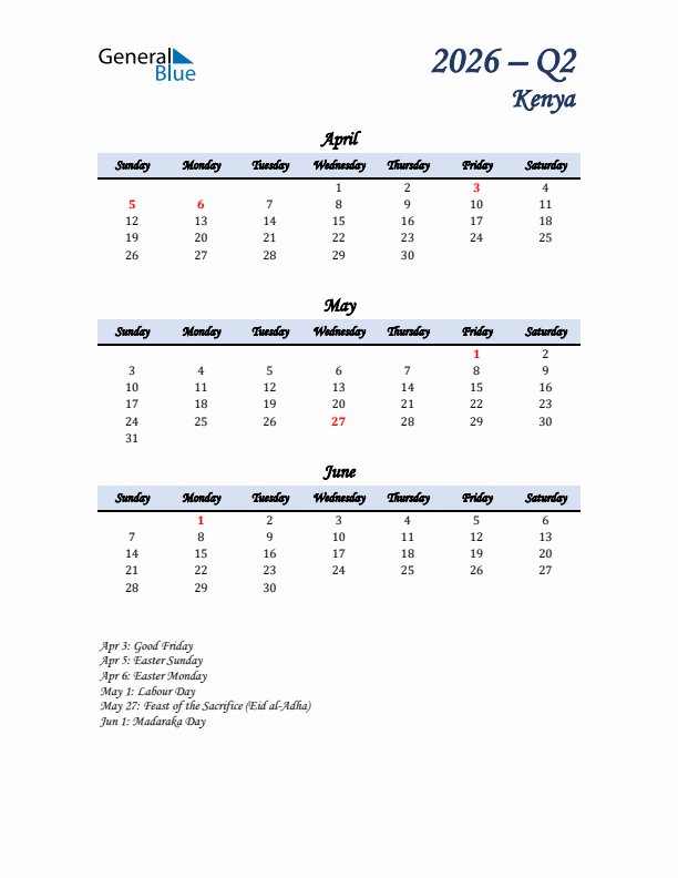 April, May, and June Calendar for Kenya with Sunday Start