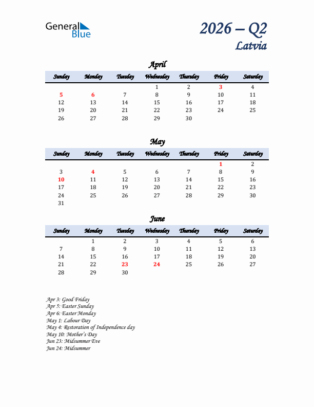 April, May, and June Calendar for Latvia with Sunday Start